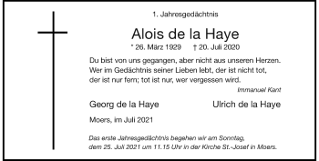 Traueranzeige von Alois de la Haye von Rheinische Post