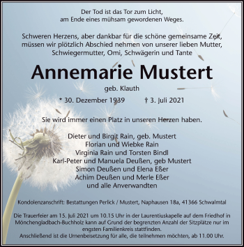 Traueranzeige von Annemarie Mustert von Rheinische Post