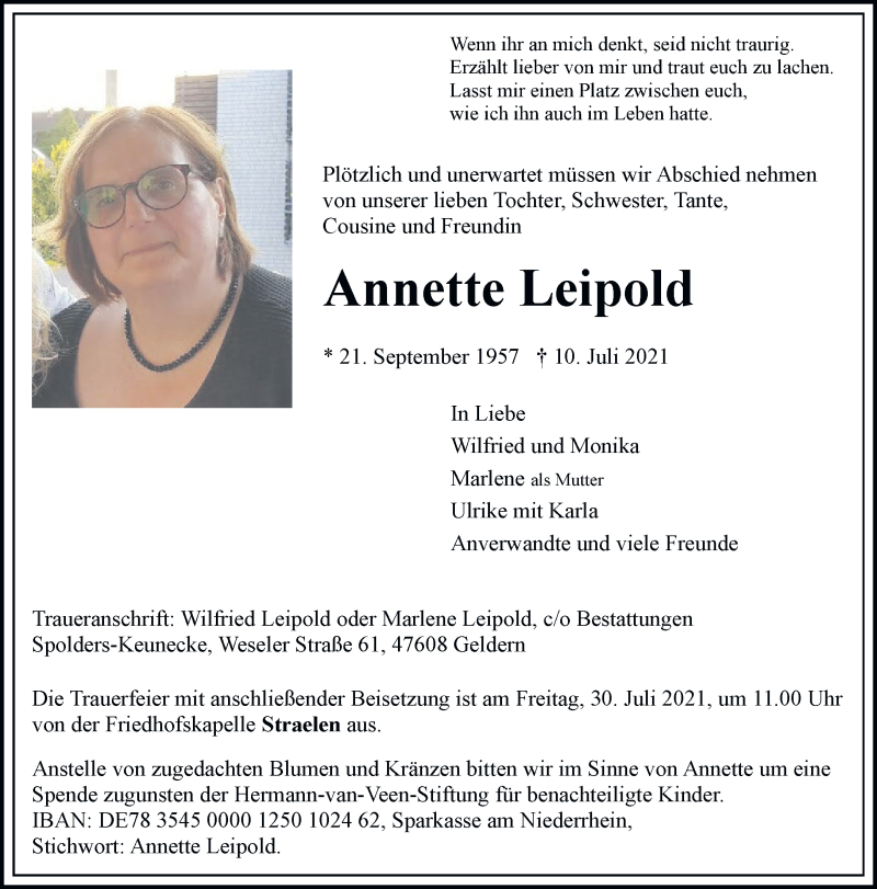  Traueranzeige für Annette Leipold vom 24.07.2021 aus Rheinische Post