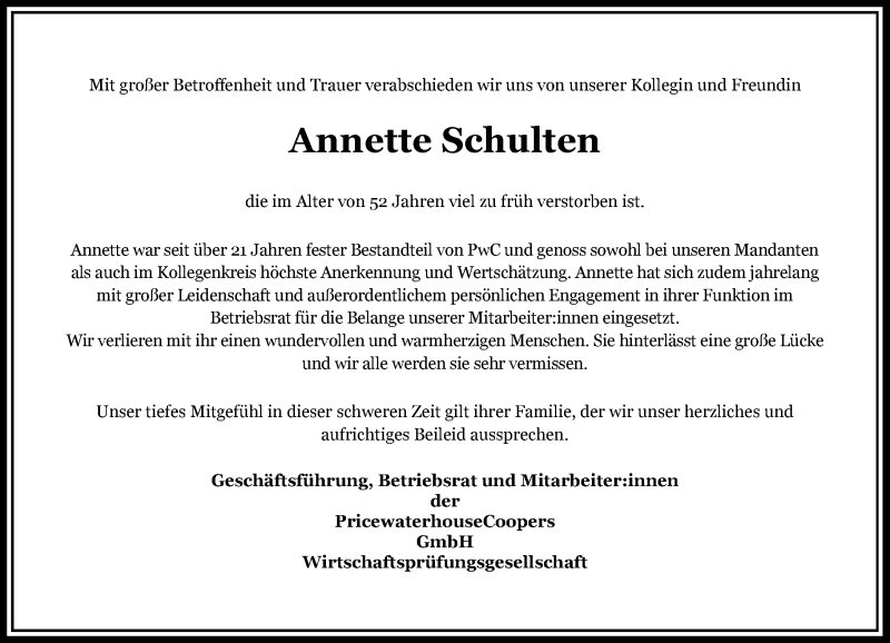  Traueranzeige für Annette Schulten vom 17.07.2021 aus Rheinische Post