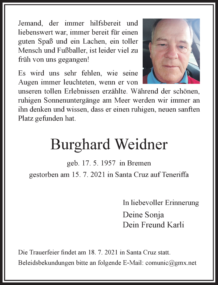  Traueranzeige für Burghard Weidner vom 17.07.2021 aus Rheinische Post