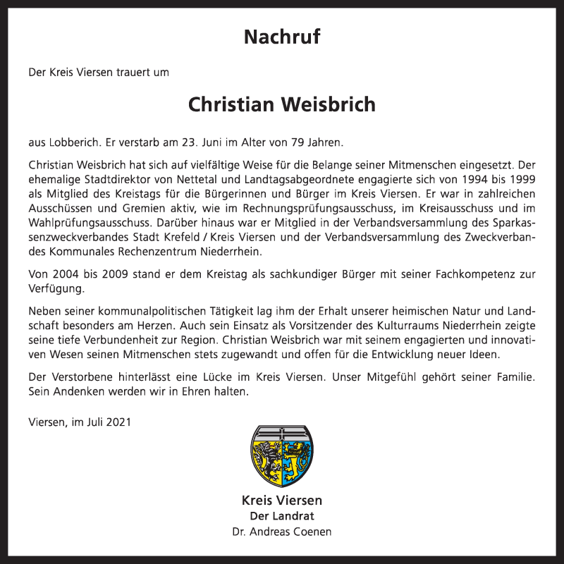  Traueranzeige für Christian Weisbrich vom 03.07.2021 aus Rheinische Post