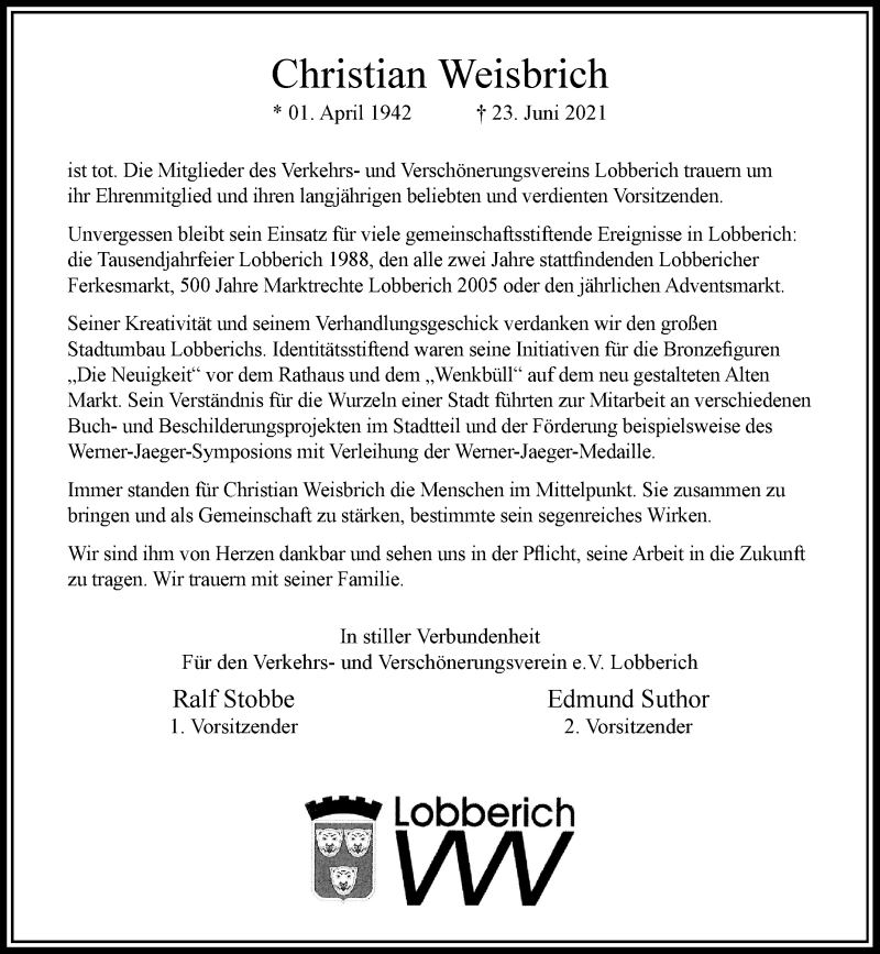  Traueranzeige für Christian Weisbrich vom 03.07.2021 aus Rheinische Post