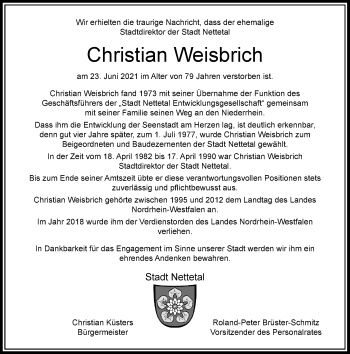 Traueranzeige von Christian Weisbrich von Rheinische Post