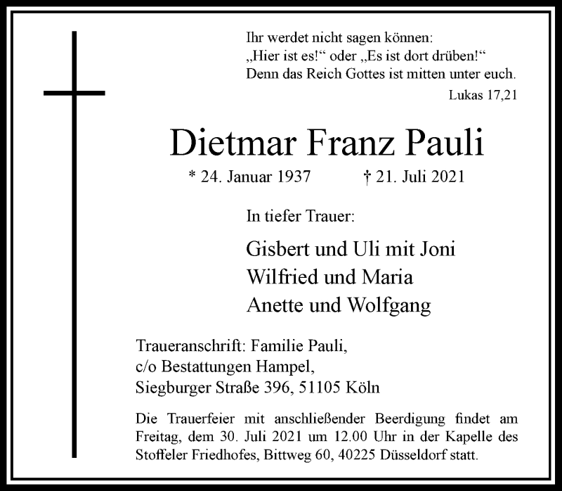  Traueranzeige für Dietmar Franz Pauli vom 28.07.2021 aus Rheinische Post