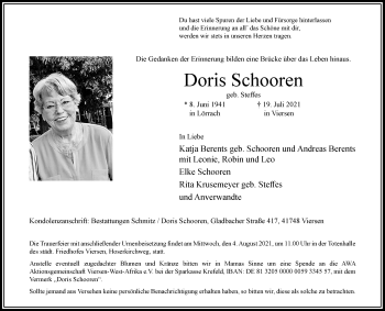 Traueranzeige von Doris Schooren von Rheinische Post