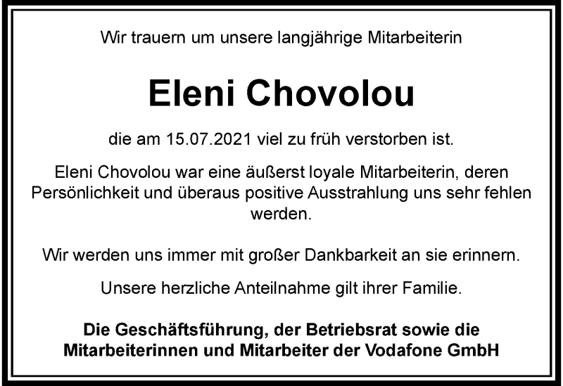  Traueranzeige für Eleni Chovolou vom 24.07.2021 aus Rheinische Post