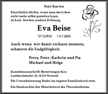 Traueranzeige von Eva Beise von Rheinische Post