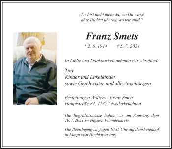 Traueranzeige von Franz Smets von Rheinische Post