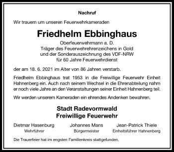 Traueranzeige von Friedhelm Ebbinghaus von Rheinische Post