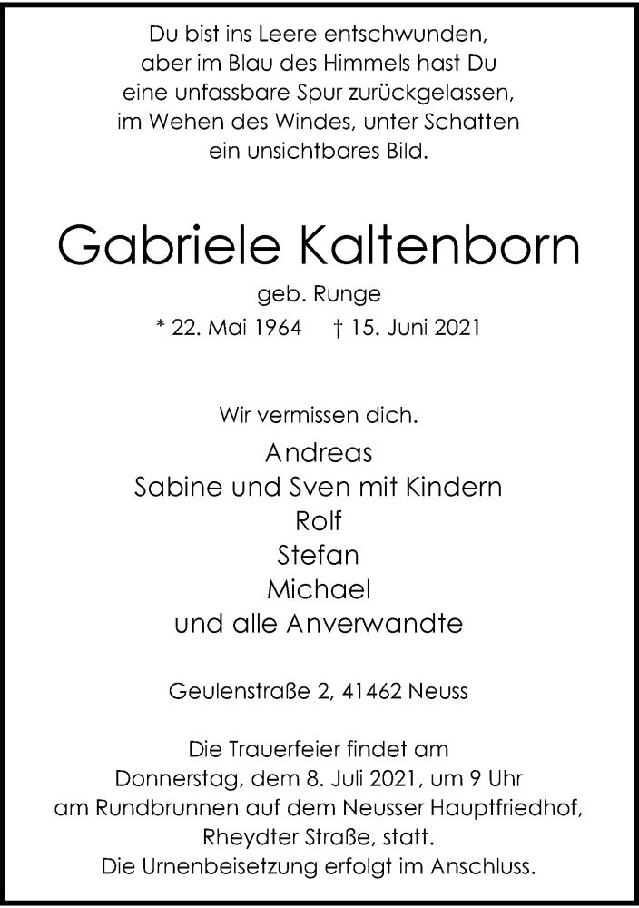  Traueranzeige für Gabriele Kaltenborn vom 03.07.2021 aus Rheinische Post