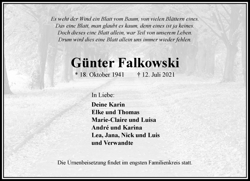  Traueranzeige für Günter Falkowski vom 17.07.2021 aus Rheinische Post