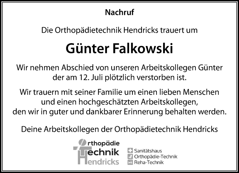  Traueranzeige für Günter Falkowski vom 17.07.2021 aus Rheinische Post