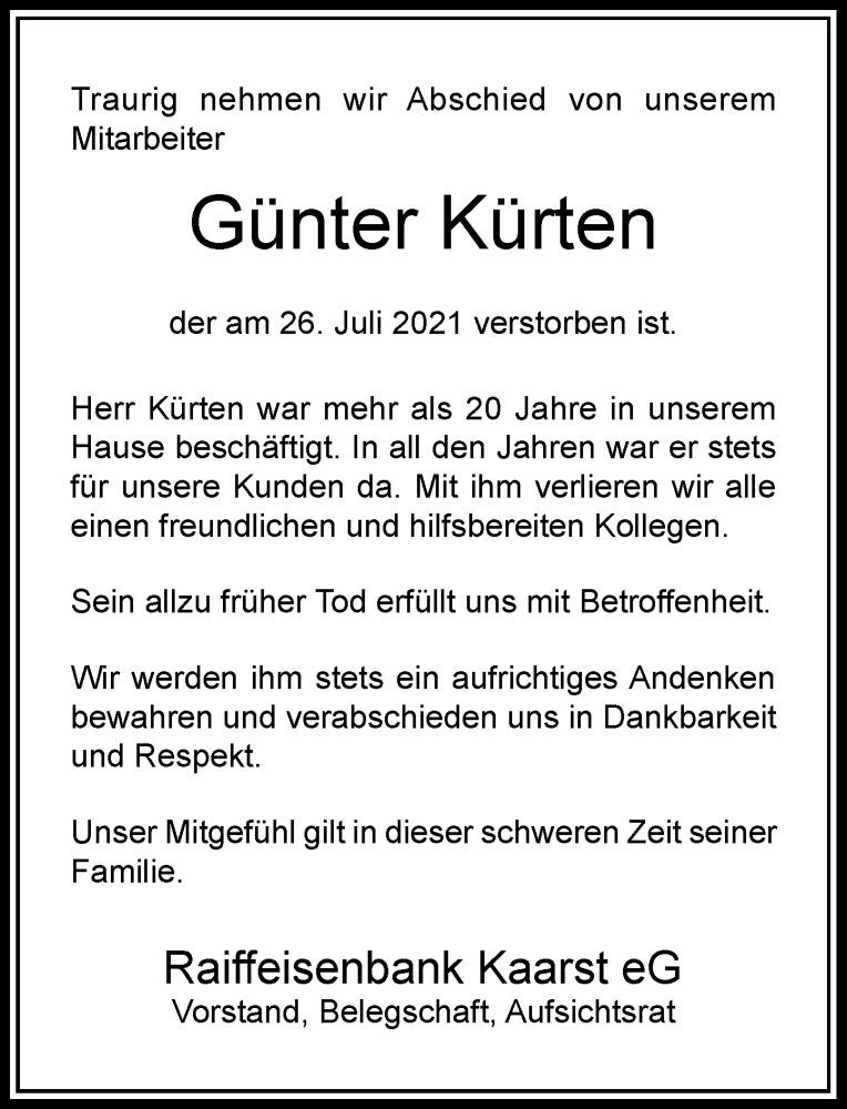  Traueranzeige für Günter Kürten vom 31.07.2021 aus Rheinische Post