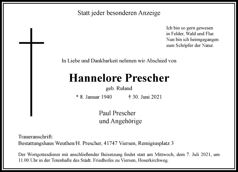  Traueranzeige für Hannelore Prescher vom 03.07.2021 aus Rheinische Post