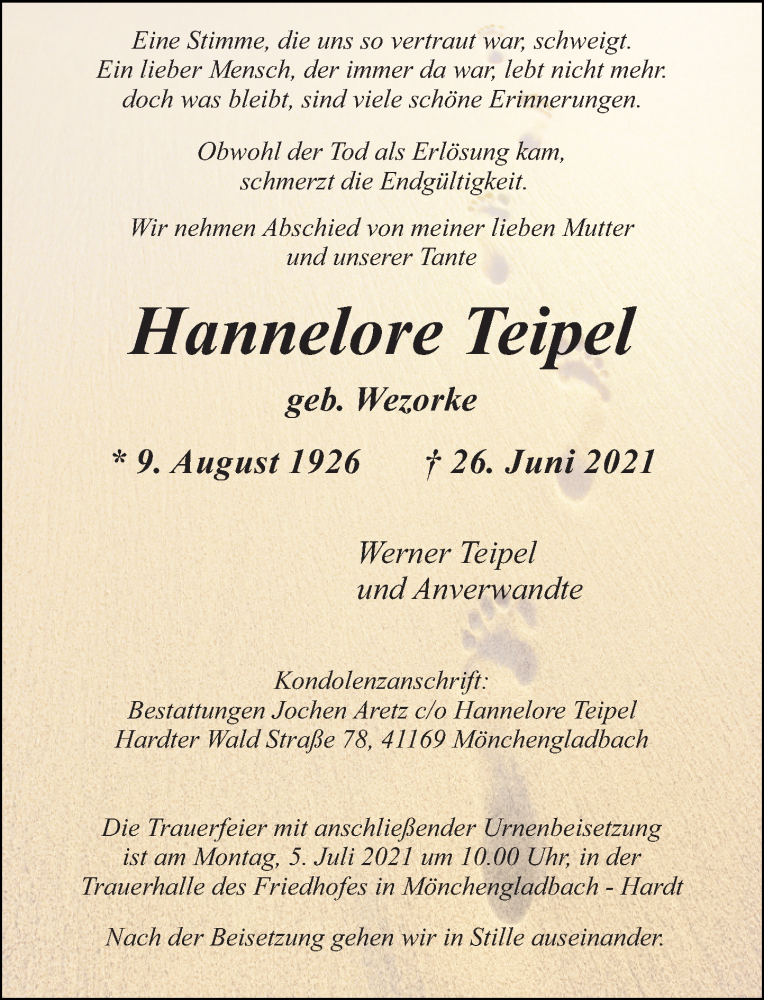  Traueranzeige für Hannelore Teipel vom 03.07.2021 aus Rheinische Post