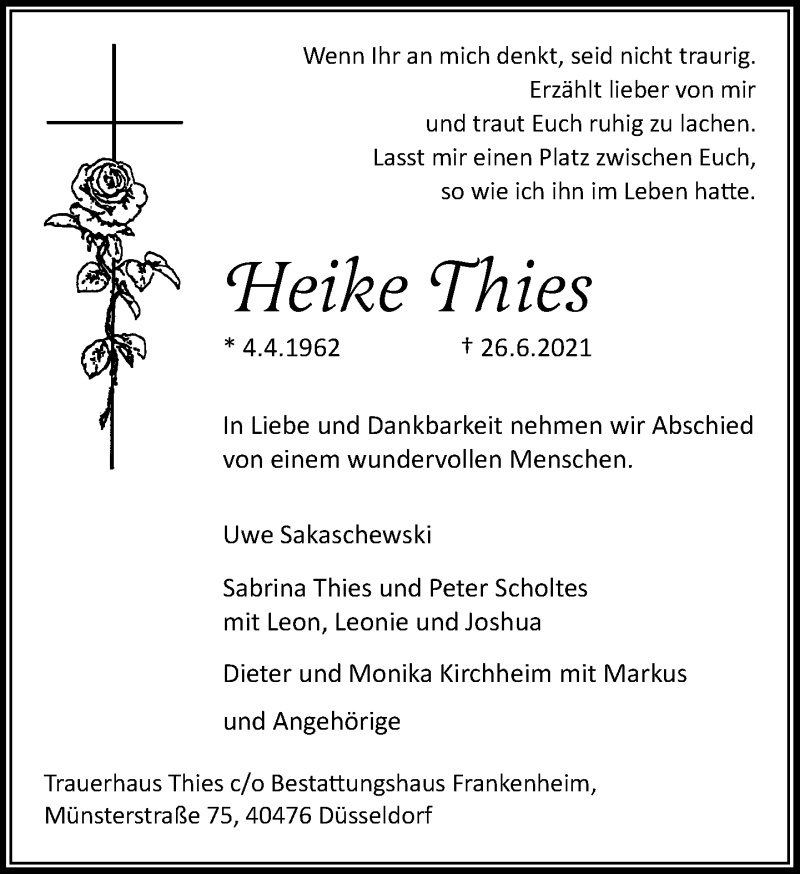  Traueranzeige für Heike Thies vom 03.07.2021 aus Rheinische Post