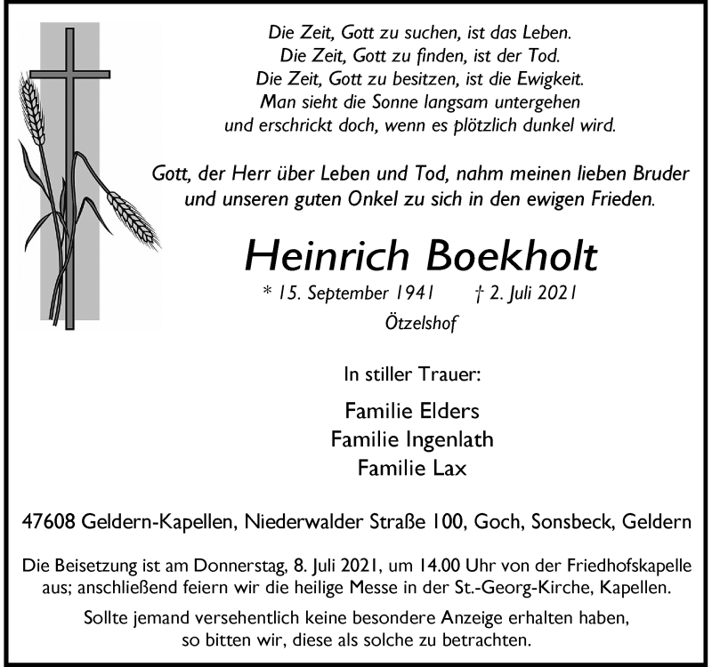  Traueranzeige für Heinrich Boekholt vom 06.07.2021 aus Rheinische Post
