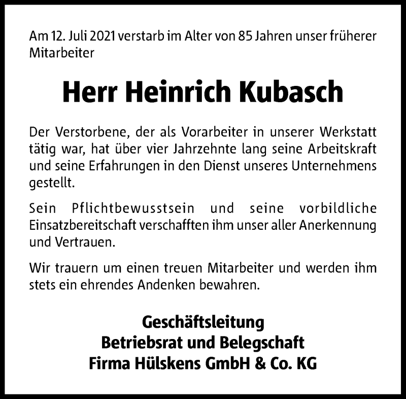  Traueranzeige für Heinrich Kubasch vom 22.07.2021 aus Rheinische Post