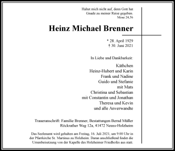 Traueranzeige von Heinz Michael Brenner von Rheinische Post