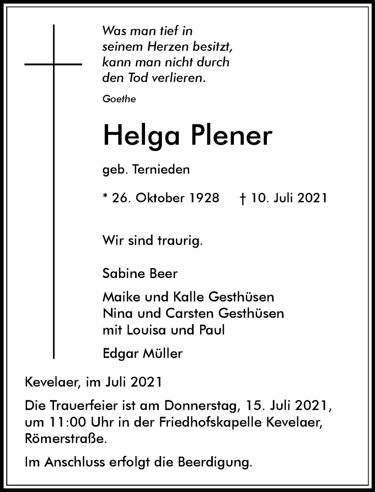  Traueranzeige für Helga Plener vom 14.07.2021 aus Rheinische Post