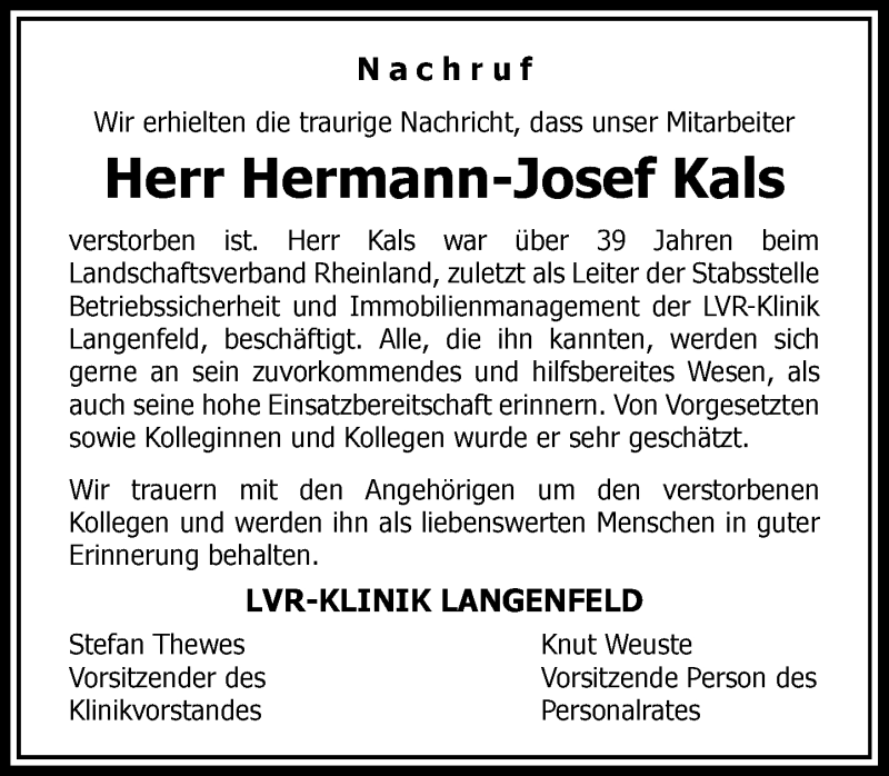  Traueranzeige für Hermann-Josef Kals vom 10.07.2021 aus Rheinische Post