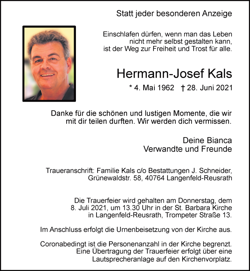  Traueranzeige für Hermann-Josef Kals vom 03.07.2021 aus Rheinische Post