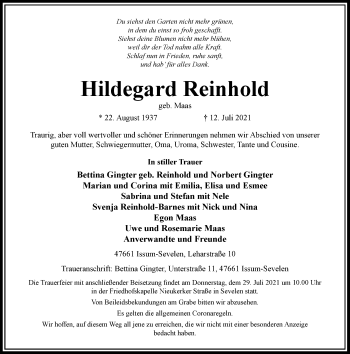 Traueranzeige von Hildegard Reinhold von Rheinische Post