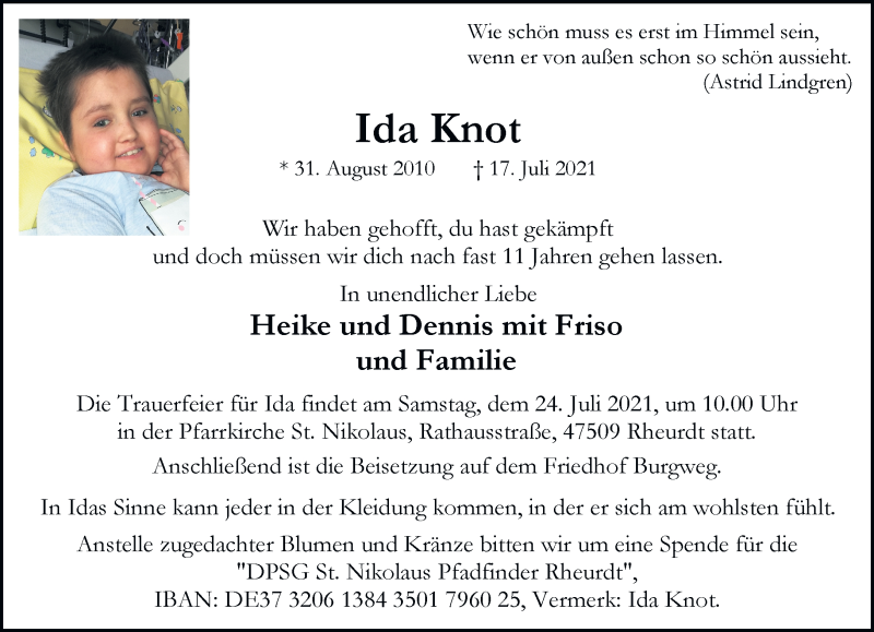  Traueranzeige für Ida Knot vom 21.07.2021 aus Rheinische Post