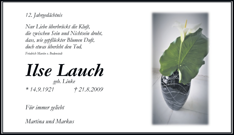  Traueranzeige für Ilse Lauch vom 21.08.2021 aus Rheinische Post