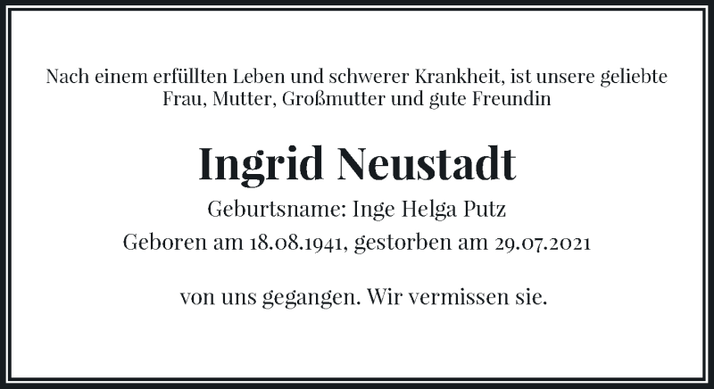  Traueranzeige für Ingrid Neustadt vom 31.07.2021 aus Rheinische Post