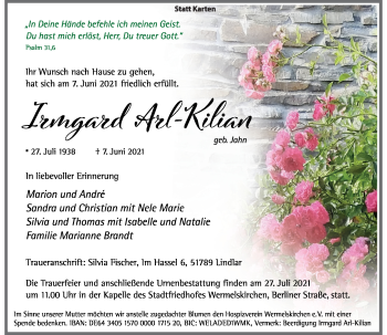 Traueranzeige von Irmgard Arl-Kilian von Rheinische Post