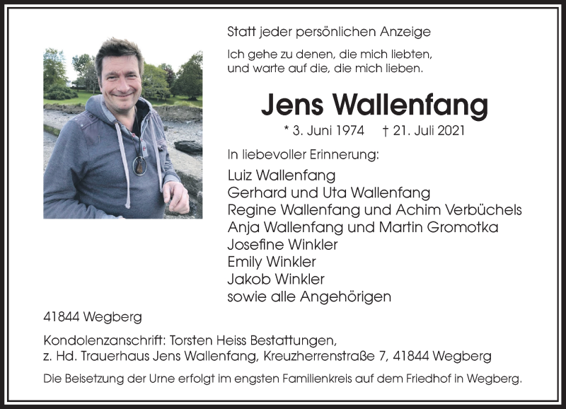  Traueranzeige für Jens Wallenfang vom 24.07.2021 aus Rheinische Post
