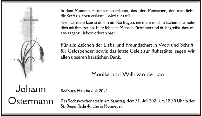  Traueranzeige für Johann Ostermann vom 24.07.2021 aus Rheinische Post