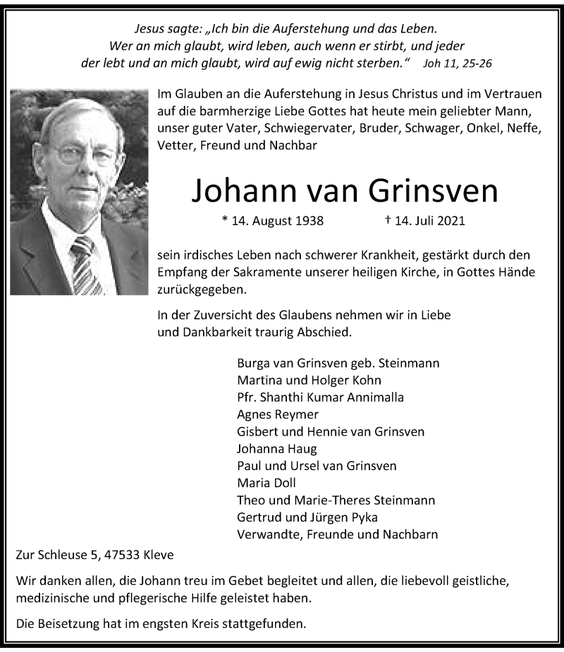  Traueranzeige für Johann van Grinsven vom 22.07.2021 aus Rheinische Post