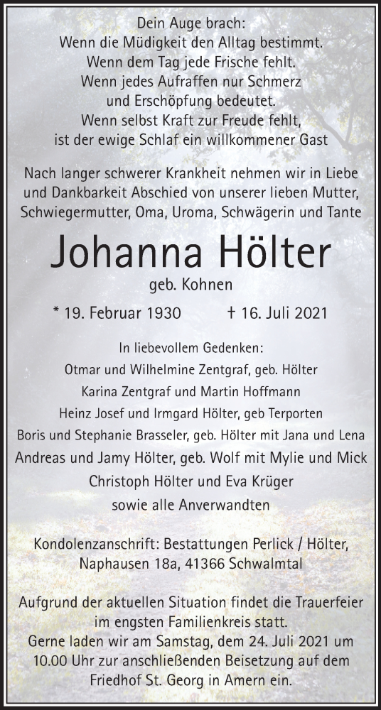  Traueranzeige für Johanna Hölter vom 21.07.2021 aus Rheinische Post