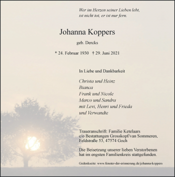 Traueranzeige von Johanna Koppers von Rheinische Post