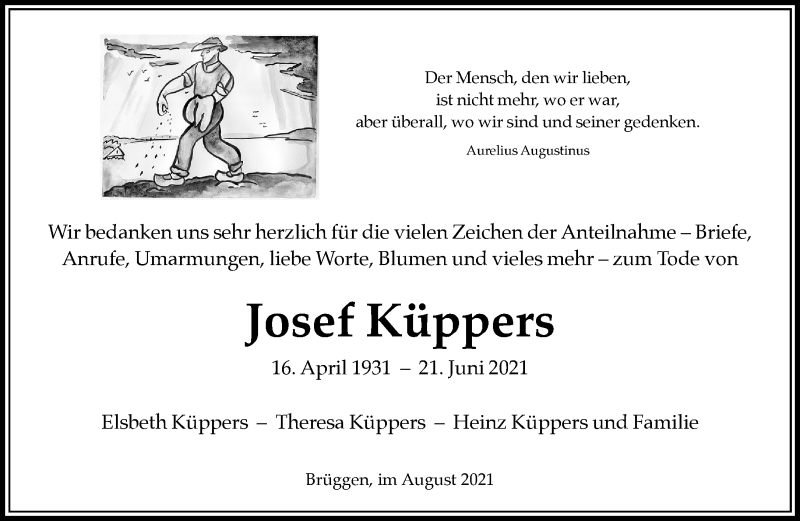  Traueranzeige für Josef Küppers vom 07.08.2021 aus Rheinische Post