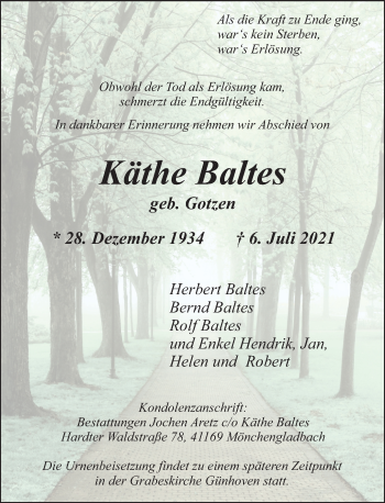 Traueranzeige von Käthe Baltes von Rheinische Post