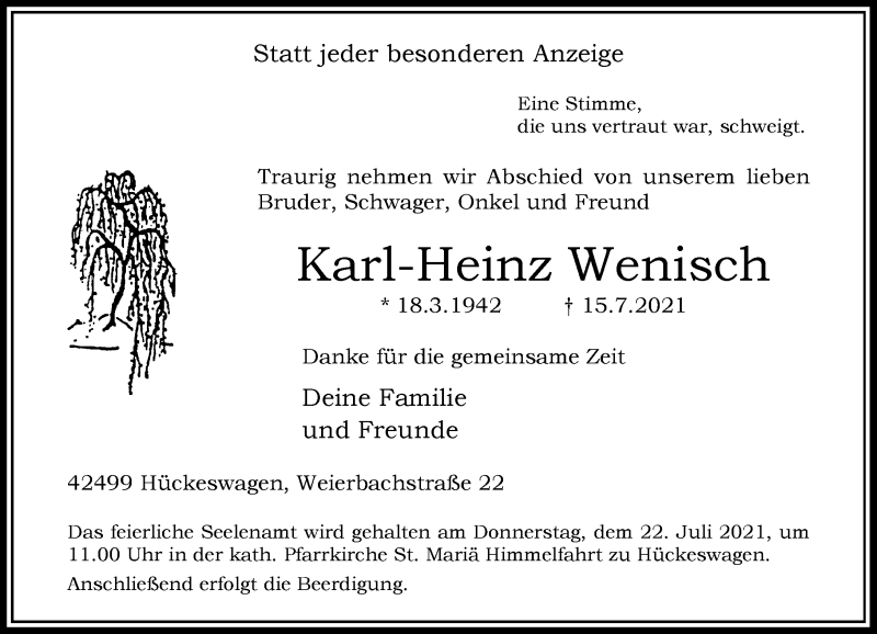  Traueranzeige für Karl-Heinz Wenisch vom 17.07.2021 aus Rheinische Post