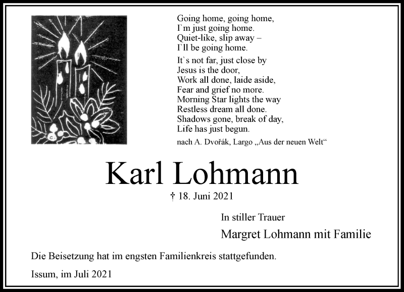  Traueranzeige für Karl Lohmann vom 13.07.2021 aus Rheinische Post
