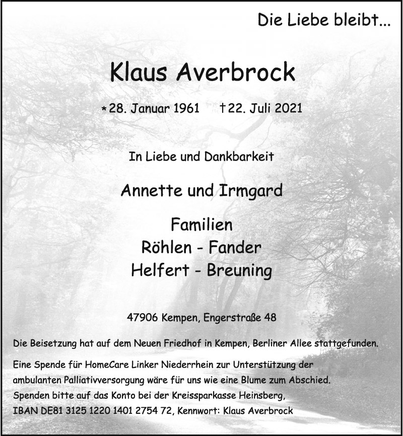  Traueranzeige für Klaus Averbrock vom 31.07.2021 aus Rheinische Post