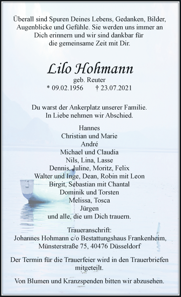  Traueranzeige für Lilo Hohmann vom 31.07.2021 aus Rheinische Post