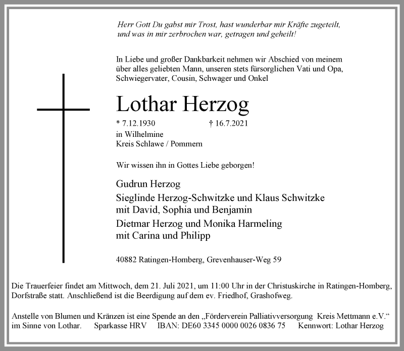  Traueranzeige für Lothar Herzog vom 20.07.2021 aus Rheinische Post