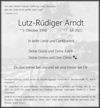 Traueranzeige von Lutz-Rüdiger Arndt von Rheinische Post