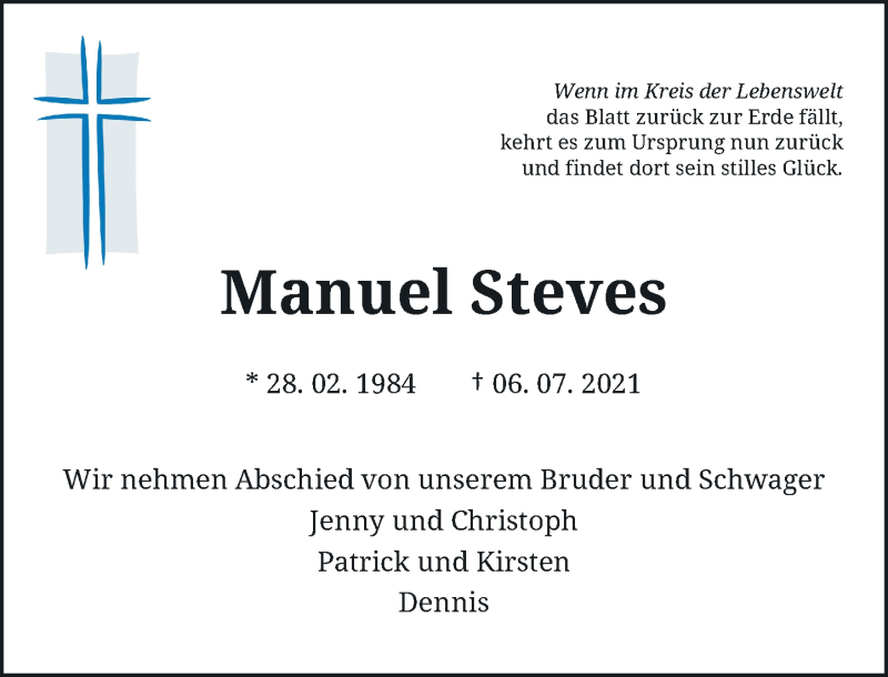  Traueranzeige für Manuel Steves vom 26.07.2021 aus Rheinische Post
