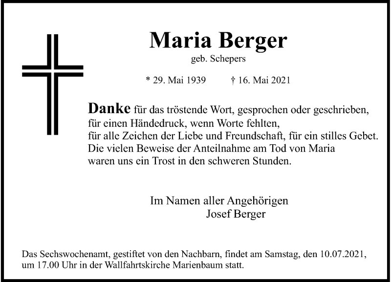  Traueranzeige für Maria Berger vom 03.07.2021 aus Rheinische Post