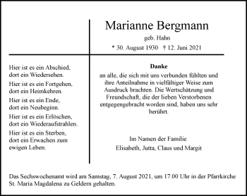 Traueranzeige von Marianne Bergmann von Rheinische Post