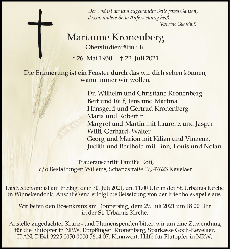  Traueranzeige für Marianne Kronenberg vom 27.07.2021 aus Rheinische Post