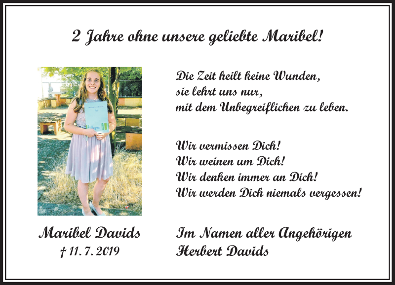  Traueranzeige für Maribel Davids vom 10.07.2021 aus Rheinische Post